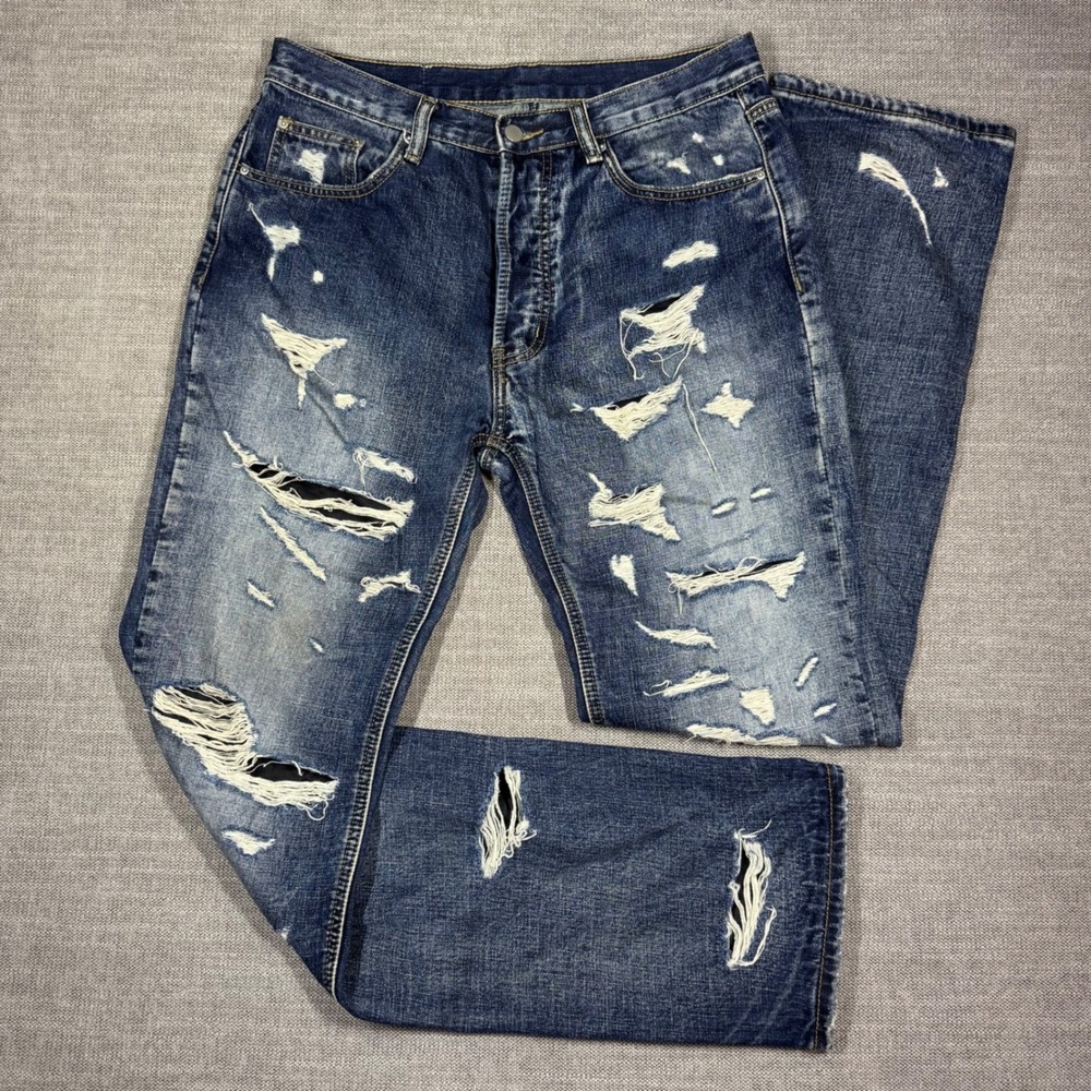 MNML Distressed Straight Leg Jeans Men's 30x33‎ Medium Wash Button Fly Denim